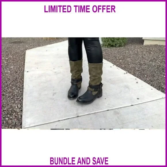 Women's Mid-Calf Motorcycle Boots Buckle Straps Pull-On Low Heel Slouchy